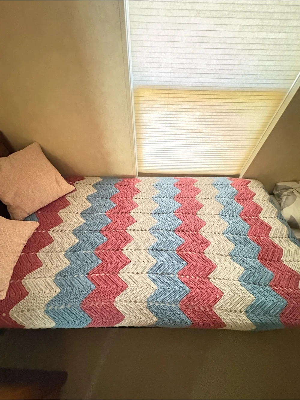 Hand Crocheted Chevron Ripple Afghan Throw Blanket Pink Blue Cream Twin Vintage